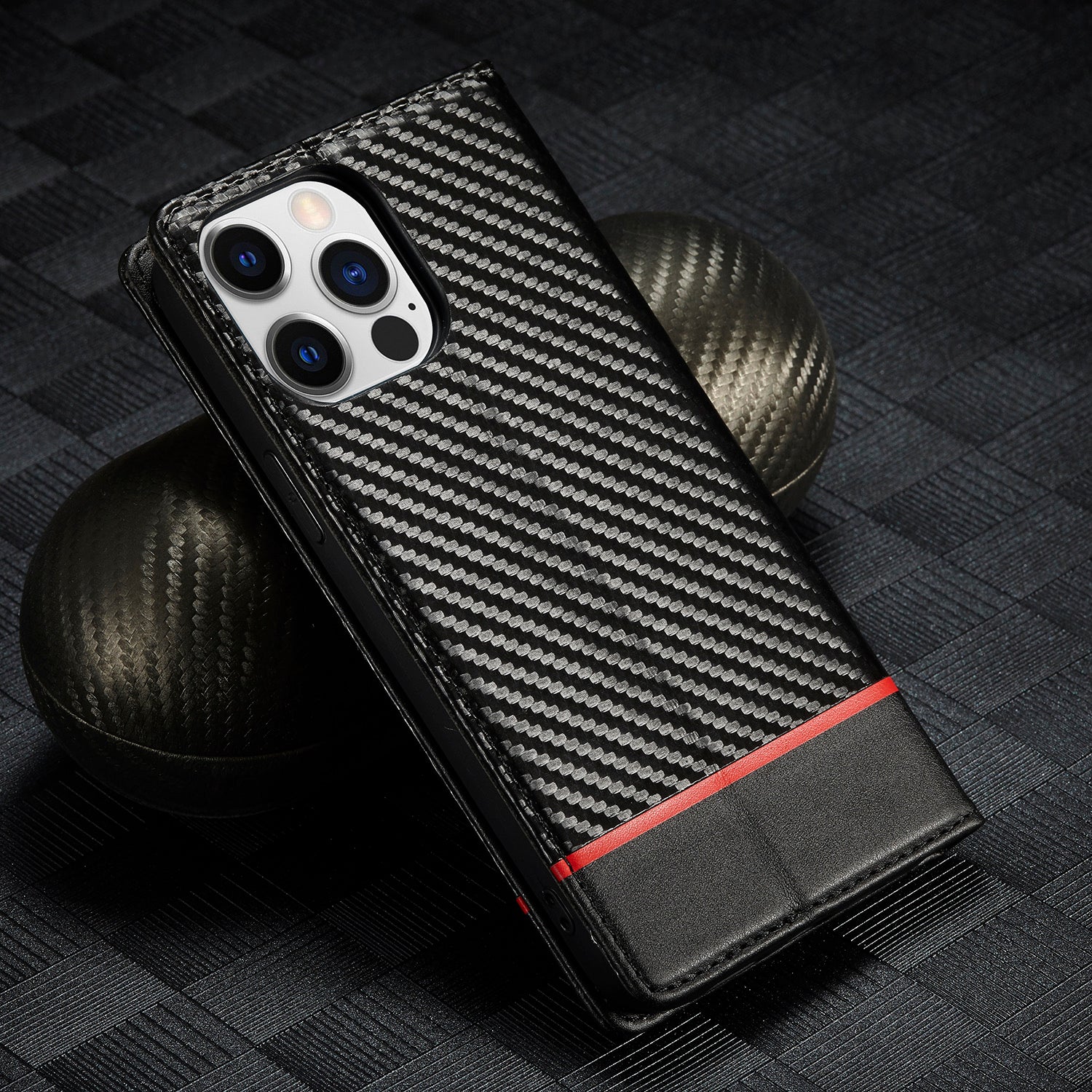 Luxury Carbon Fiber Leather Wallet iPhone Case – Magnetic Flip Cover, Card Holder, Shockproof Protection, Durable for iPhone