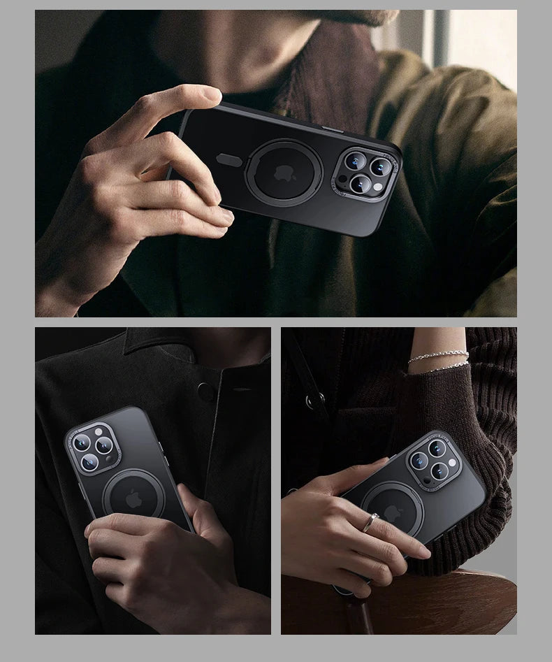 Luxury Magnetic 360° Rotating Stand Frosted Transparent Cover with Ring Holder Shockproof & Hands-Free Design Case for iPhone