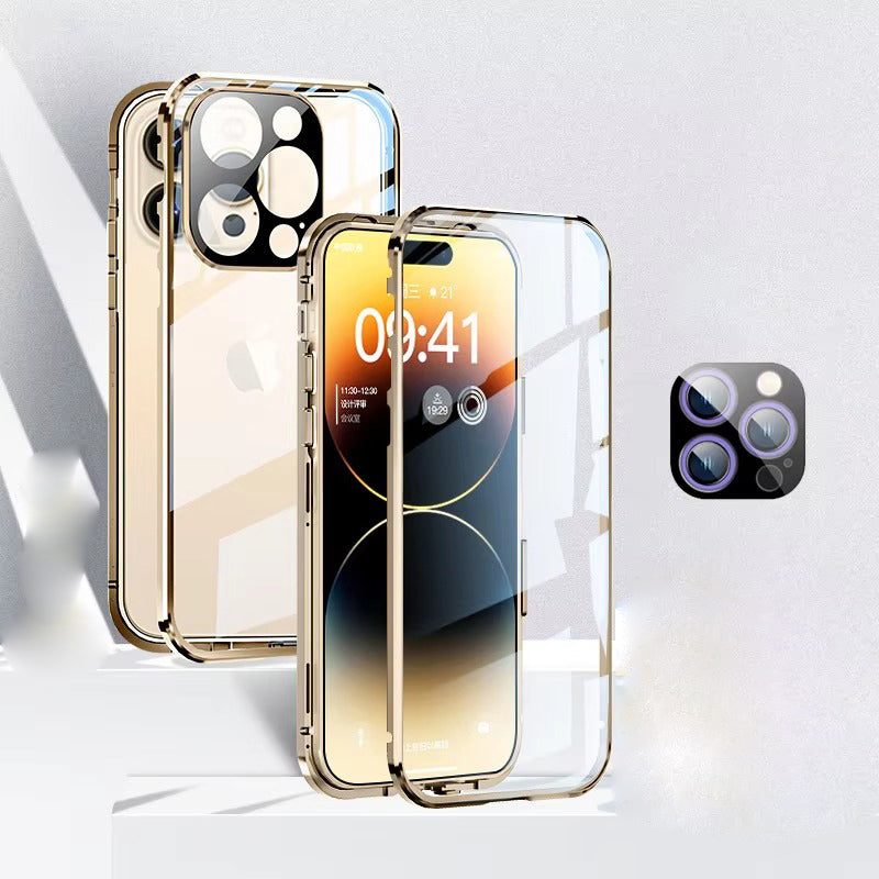 High Quality Apple iPhone Case MagSafe Compatible, Camera Lens & Screen Protection Cover with Double Glass Metal Buckle