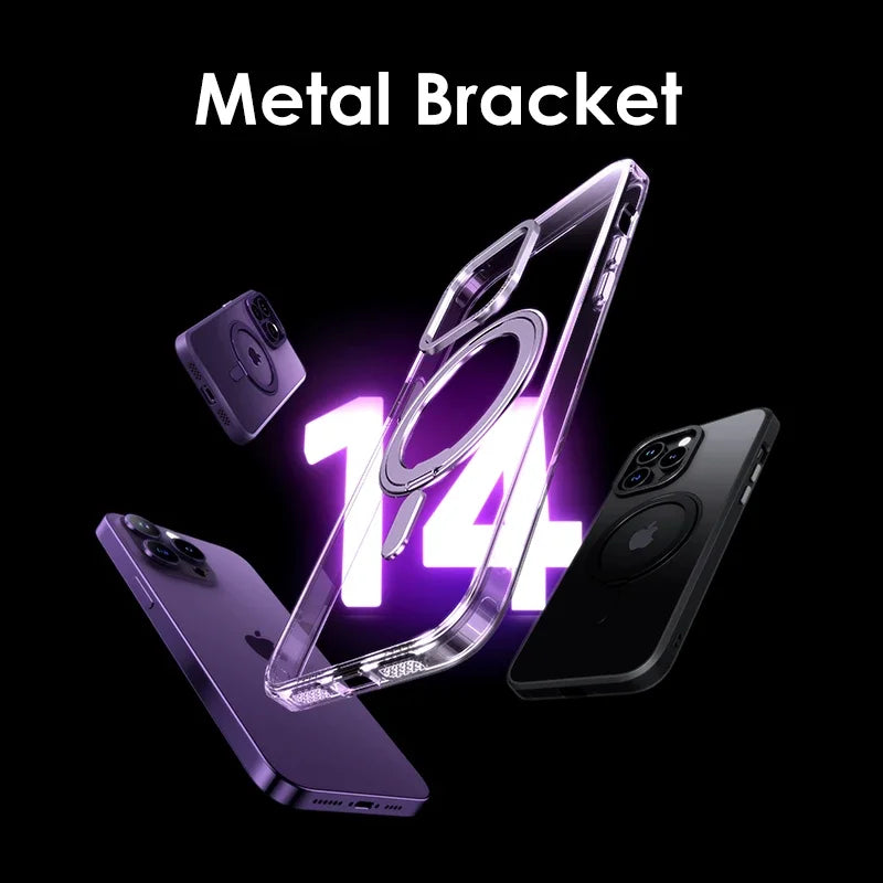 Luxury Magnetic 360° Rotating Stand Frosted Transparent Cover with Ring Holder Shockproof & Hands-Free Design Case for iPhone