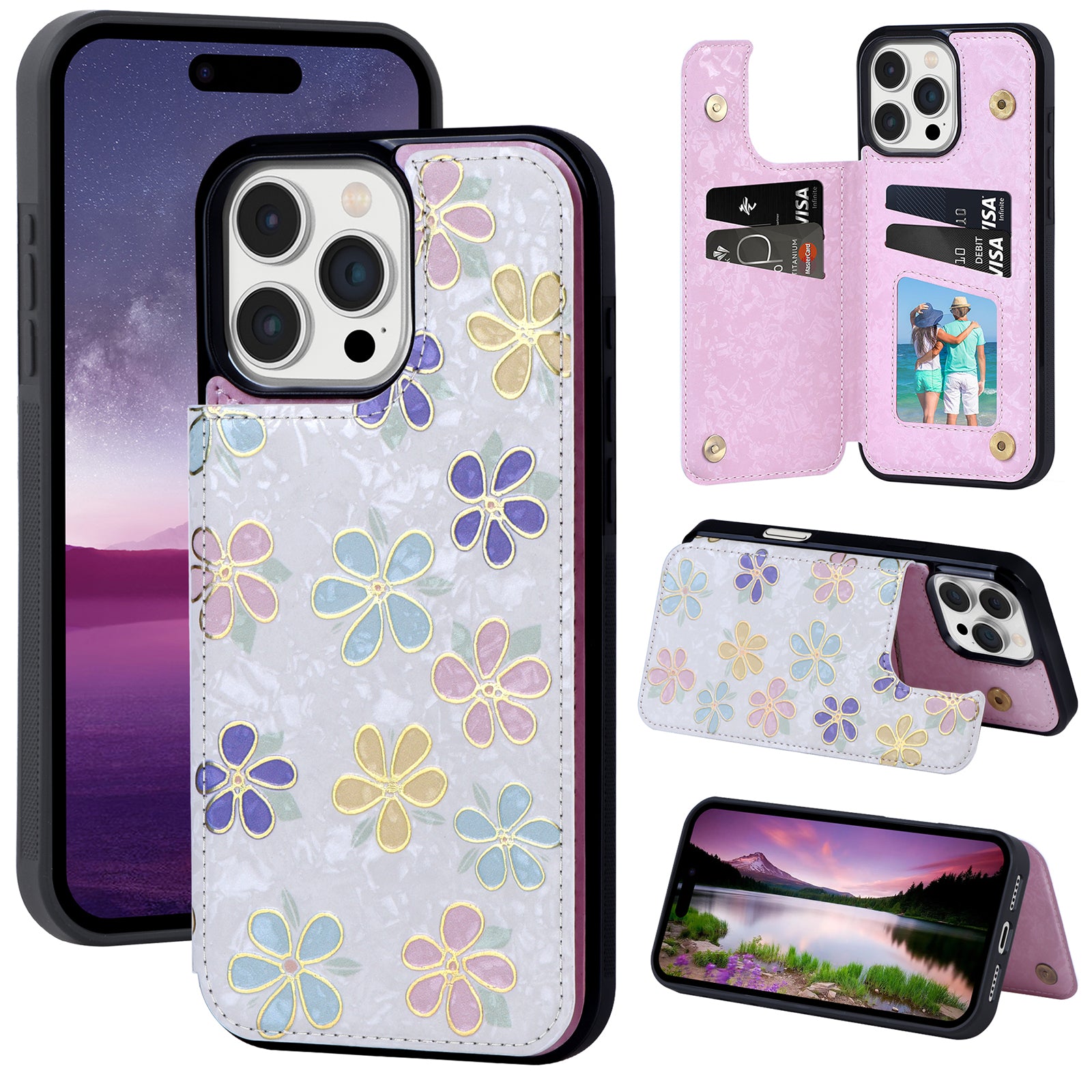 Hot Stamped Floral Wallet iPhone Case – Card Slots Magnetic Closure, Elegant Leather Design, Shockproof Protection for iPhone