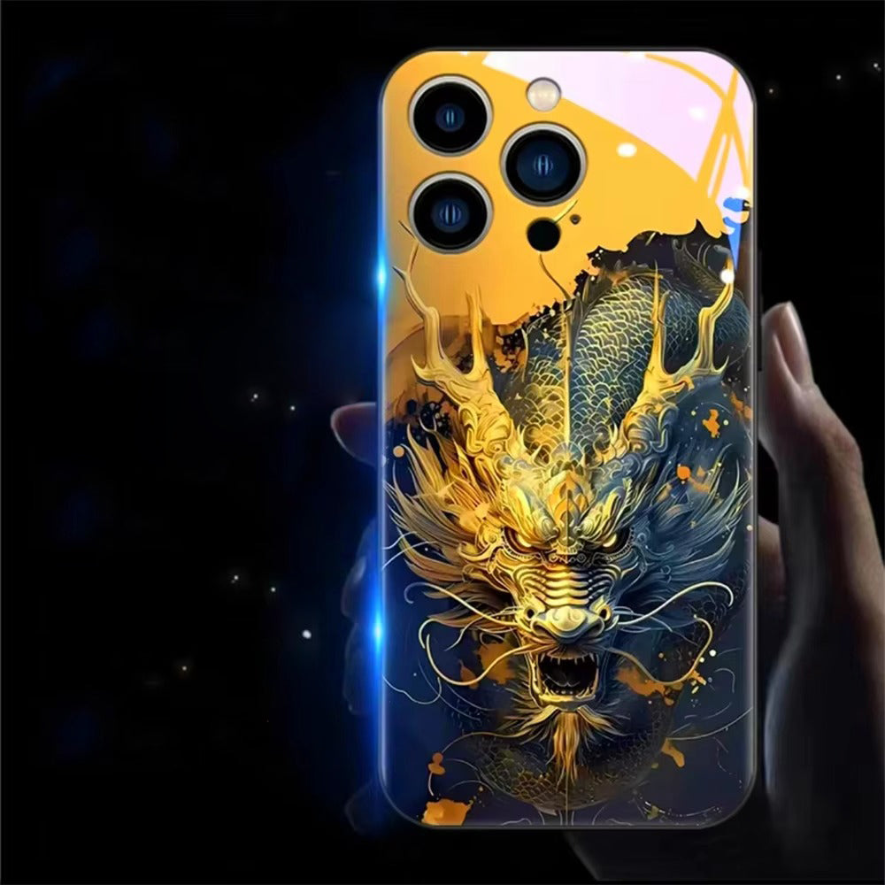 Premium Apple iphone Case, LED Flash, Sound Reactive, Shockproof, Ultra Thin, Full Body Protection, Golden Dragon Luminous Glass Cover