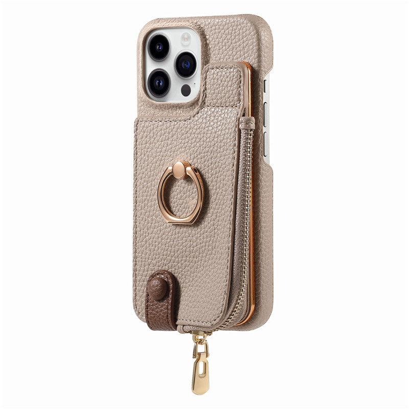 Luxury Leather Zipper Wallet iPhone Case – Card Holder, Ring Kickstand, Shockproof Cover for iPhone Models