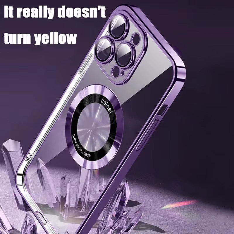 Luxury Apple iPhone Case, MagSafe Compatible, Camera Lens & Screen Protection, Ultra Thin, Shockproof, Magnetic Full All Around Cover – Clear Plating TPU Case with Wireless Charging & Lens Film Protection