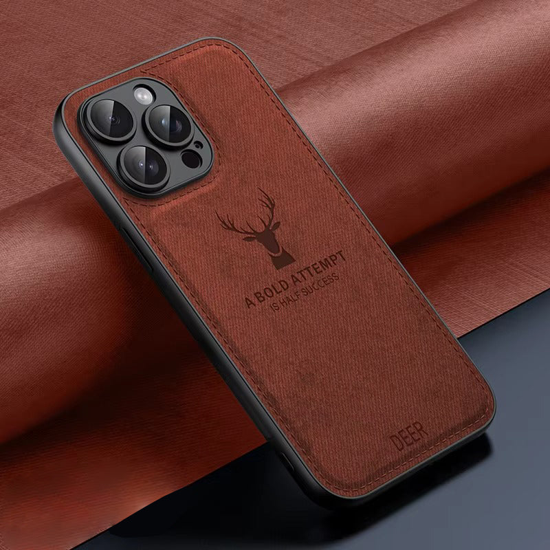 Luxury Cloth Leather Texture iPhone Case – Deer Head Pattern, Shockproof, Stylish Design for Daily Use | Case for iPhone