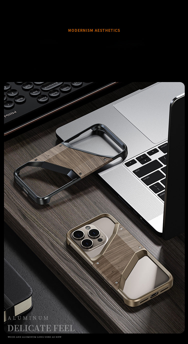Irregular Metal Frame iPhone Case – Aluminum Alloy and Solid Wood Shockproof Frameless Cover for iPhone Models Design