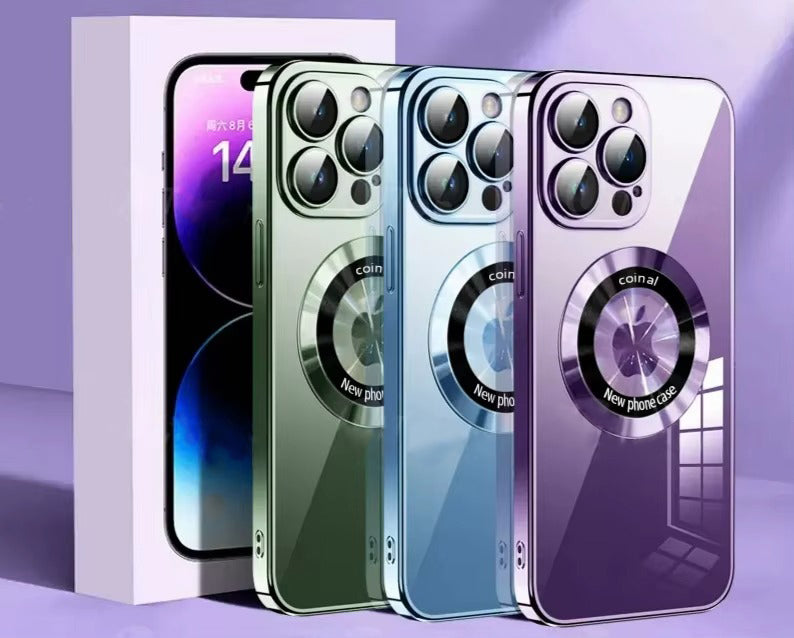 Luxury Apple iPhone Case, MagSafe Compatible, Camera Lens & Screen Protection, Ultra Thin, Shockproof, Magnetic Full All Around Cover – Clear Plating TPU Case with Wireless Charging & Lens Film Protection