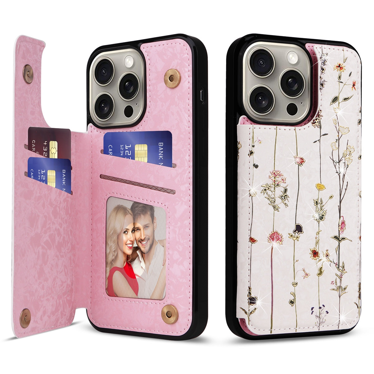 Hot Stamped Floral Wallet iPhone Case – Card Slots Magnetic Closure, Elegant Leather Design, Shockproof Protection for iPhone