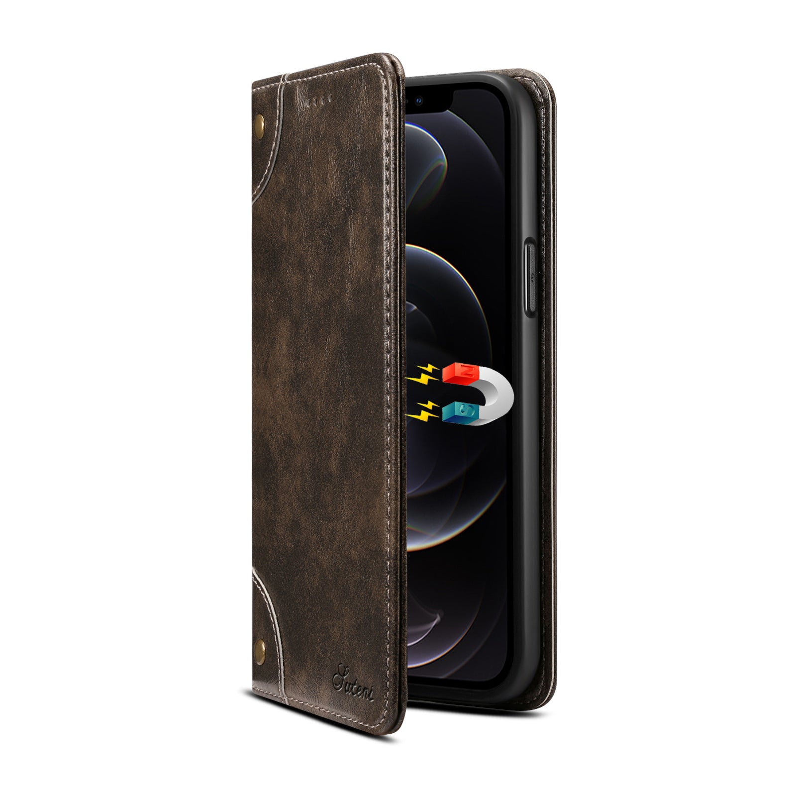 Luxury Genuine Leather Wallet Flip iPhone Case – Magnetic Closure, Card Holder, Stand Function, Shockproof Protective Cover, Classic Book-Style Design