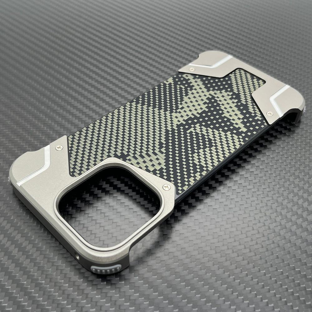 Camouflage Metal Armor Case Frameless Real Carbon Fiber Cover with Built-In Magnet for iPhone Models, Durable and Protection
