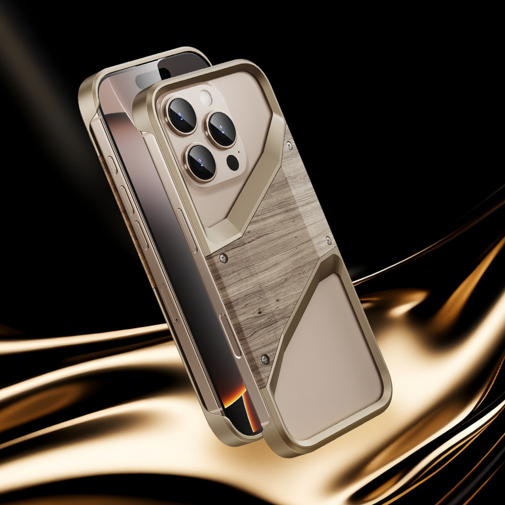 Irregular Metal Frame iPhone Case – Aluminum Alloy and Solid Wood Shockproof Frameless Cover for iPhone Models Design