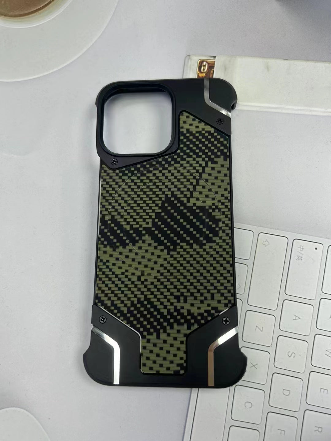 Camouflage Metal Armor Case Frameless Real Carbon Fiber Cover with Built-In Magnet for iPhone Models, Durable and Protection
