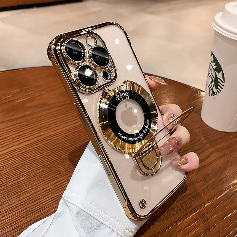 Frameless MagSafe Case with Logo Hole – Transparent Plating Slim Bracket for iPhone Models, Sleek and Durable Design