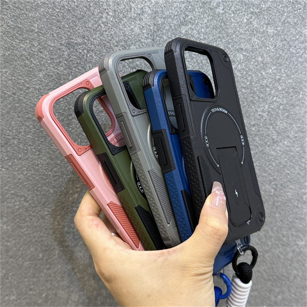Deluxe Armor Stealth Bracket iPhone Case – Magnetic Super Fall Proof, Hard Shell with Lanyard, Protection for iPhone Models