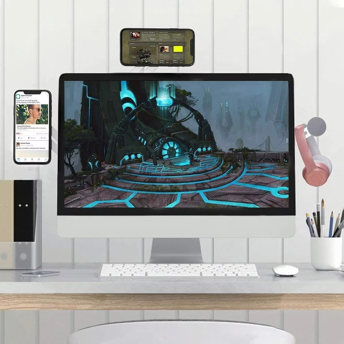 Premium, Magnetic Laptop Phone Holder Slim, Foldable, Adjustable Mount for Computer Monitor Side Compatible with Apple iPhone