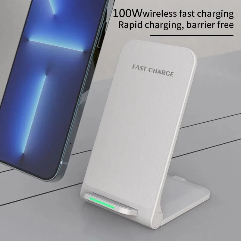 Premium 100W Wireless Charger Stand Fast Charging Station Pad for Apple iPhone, iOS, Android Smartphones – Type-C, Qi Dock, Dual Coil, Safety Features