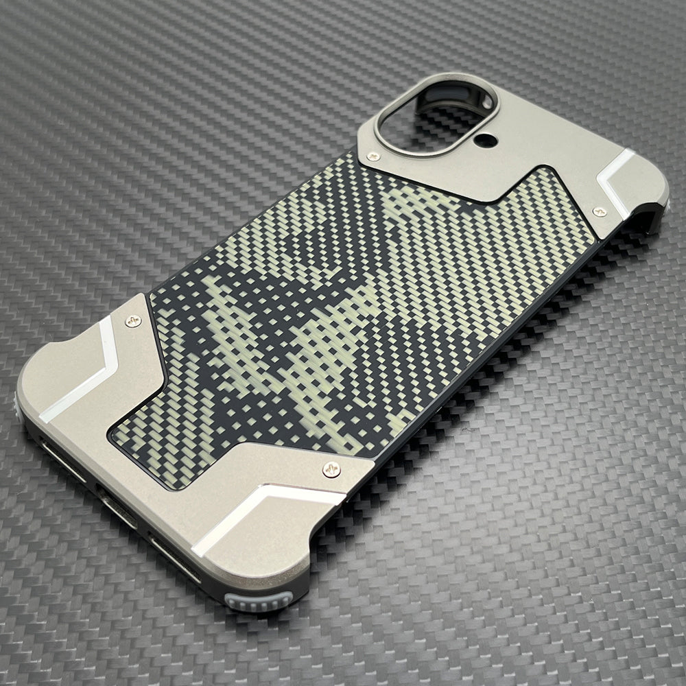 Camouflage Metal Armor Case Frameless Real Carbon Fiber Cover with Built-In Magnet for iPhone Models, Durable and Protection