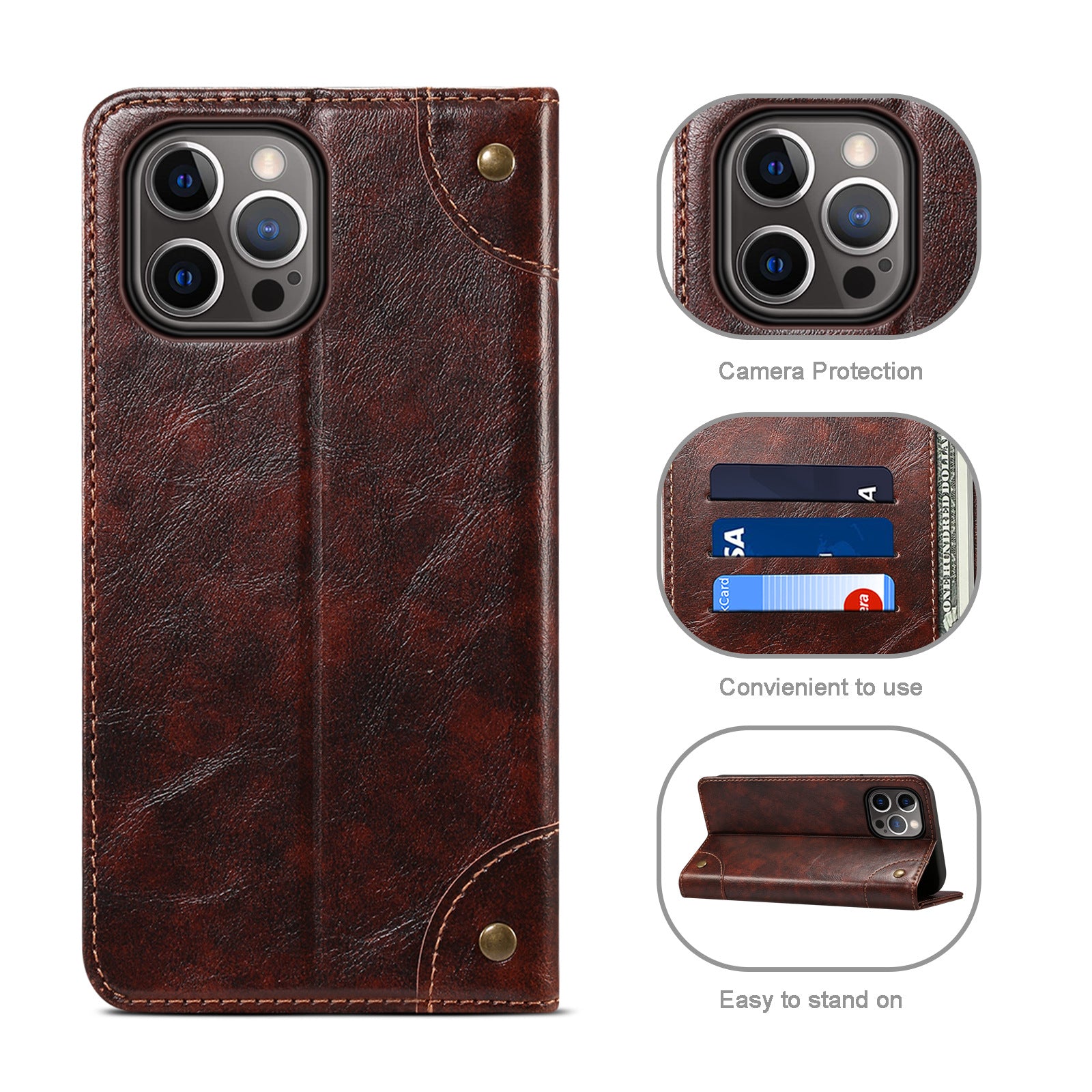 Luxury Genuine Leather Wallet Flip iPhone Case – Magnetic Closure, Card Holder, Stand Function, Shockproof Protective Cover, Classic Book-Style Design