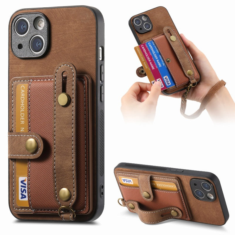 Luxury PU Leather Wallet iPhone Case with Wrist Strap – Stand Function, Card Holder, Protection for Secure and Convenience