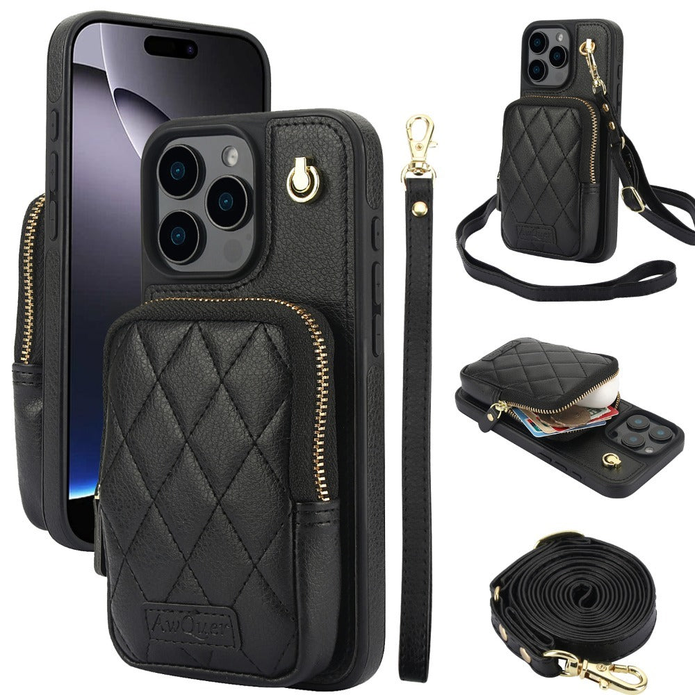 Luxury Crossbody Lanyard iPhone Case – Zipper Wallet Leather Cover with Card Holder, and Full Protection for iPhone Models