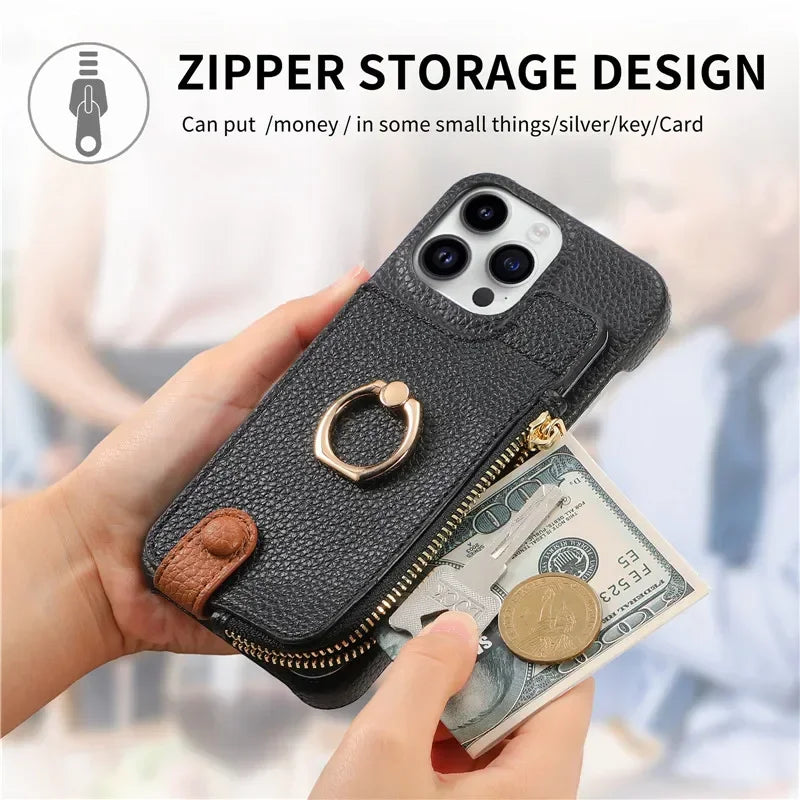 Luxury Leather Zipper Wallet iPhone Case – Card Holder, Ring Kickstand, Shockproof Cover for iPhone Models