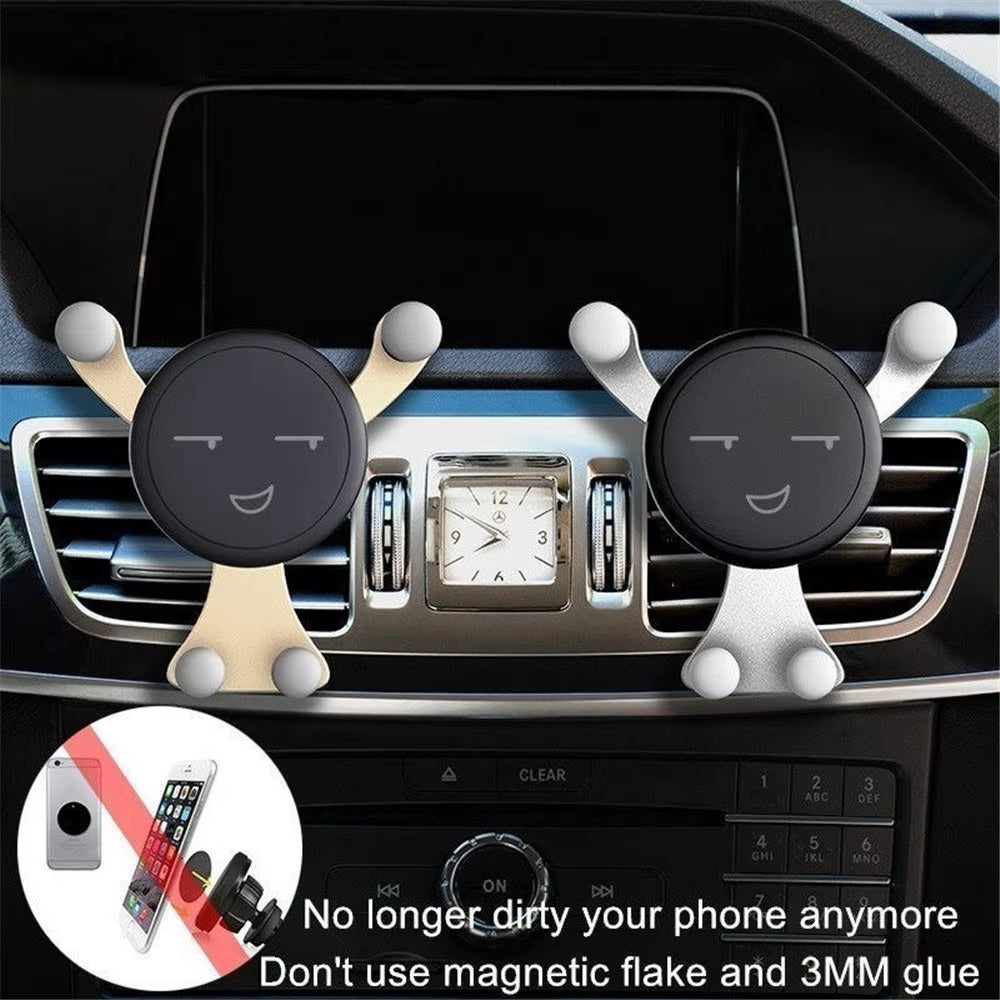 Premium Gravity Car Phone Holder for iPhone – Vent Clip Mount, Auto Lock, Smiley Face Design, Compatible with Apple Devices