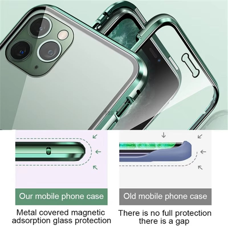 Luxury Apple iPhone Case, MagSafe Compatible, Camera Lens and Screen Protection, Ultra Thin, Shockproof, Magnetic, Full All Around Protection, 360 Glass Magnet Cover