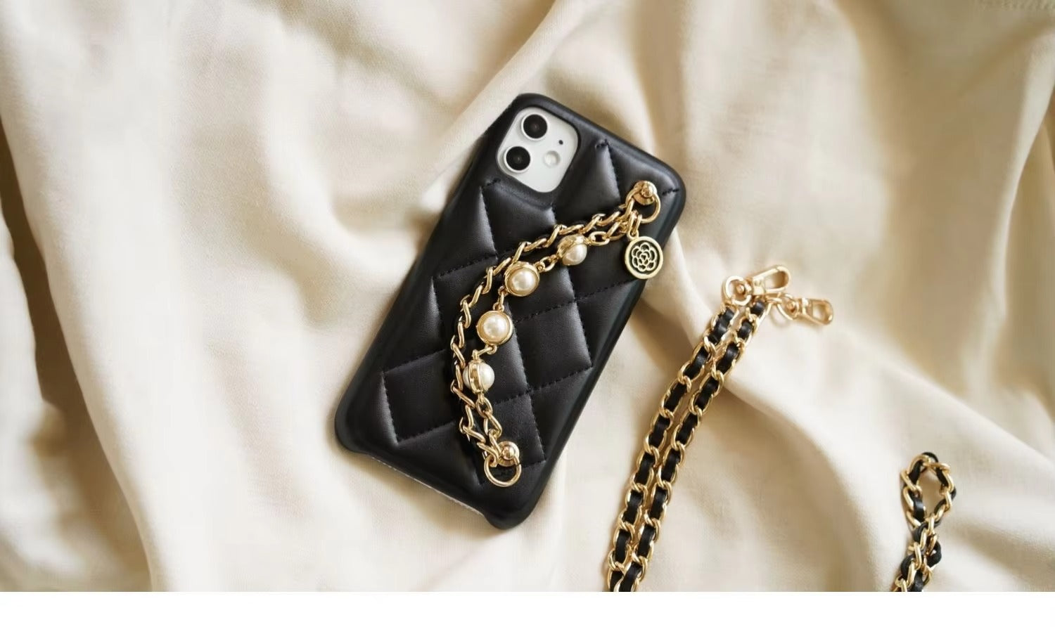 High Quality Apple iPhone Case, MagSafe Compatible, Camera Lens & Screen Protection, Ultra Thin, Shockproof, Magnetic Full All Around Cover – Lambskin Leather Handbag Case with Flower Pearl Strap & Long Metal Chain