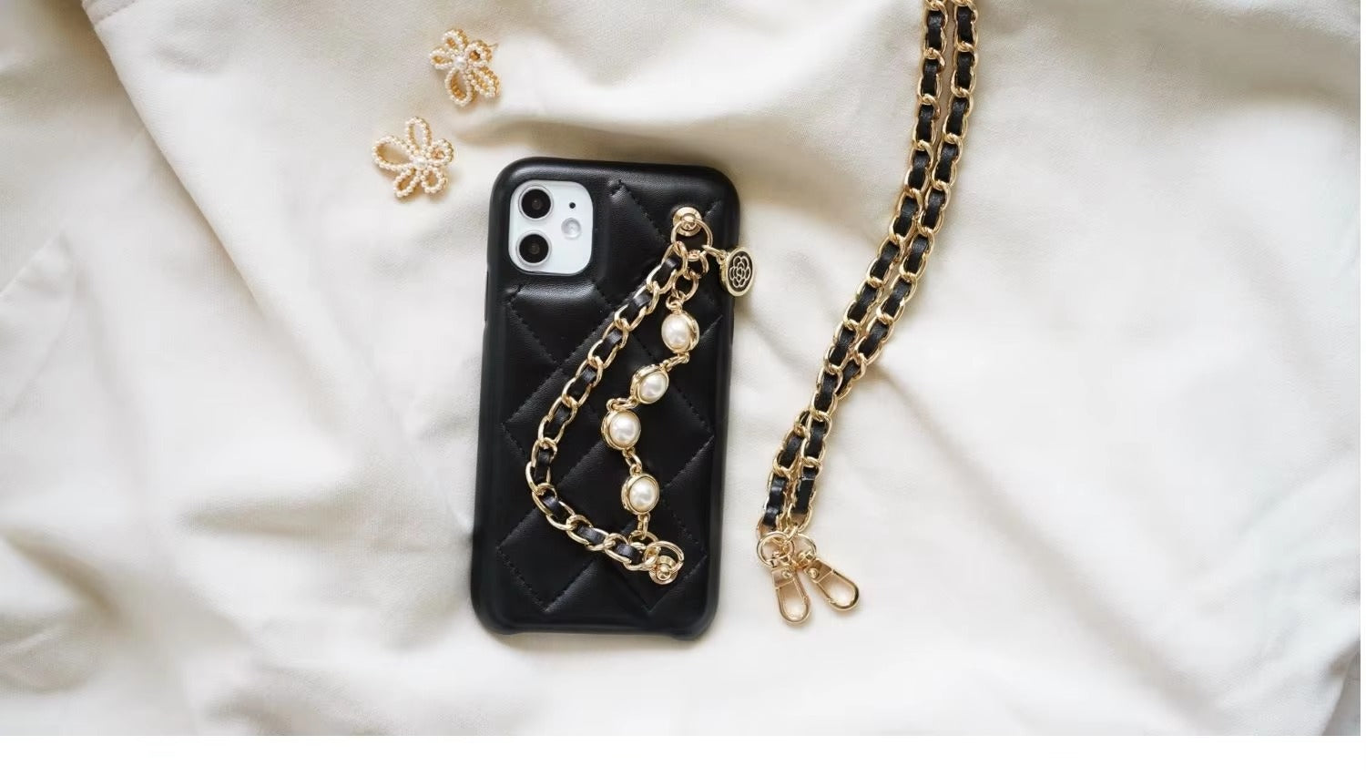 High Quality Apple iPhone Case, MagSafe Compatible, Camera Lens & Screen Protection, Ultra Thin, Shockproof, Magnetic Full All Around Cover – Lambskin Leather Handbag Case with Flower Pearl Strap & Long Metal Chain