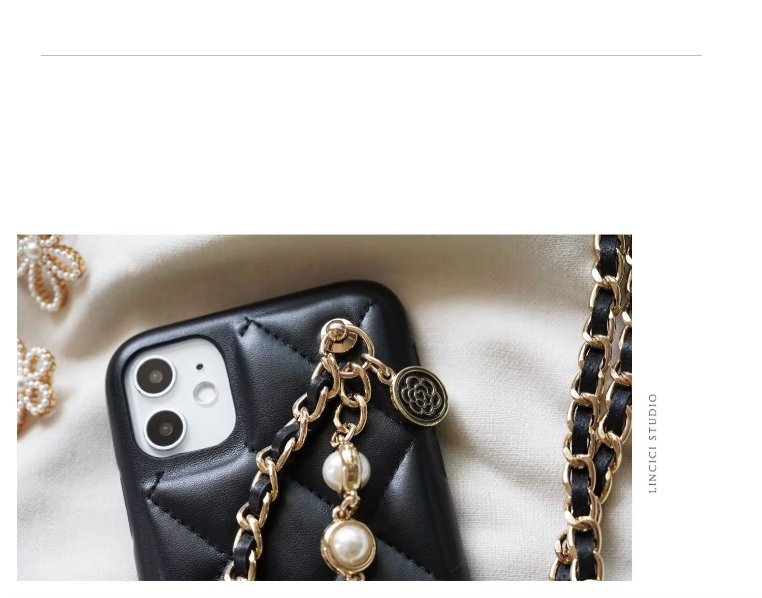 High Quality Apple iPhone Case, MagSafe Compatible, Camera Lens & Screen Protection, Ultra Thin, Shockproof, Magnetic Full All Around Cover – Lambskin Leather Handbag Case with Flower Pearl Strap & Long Metal Chain