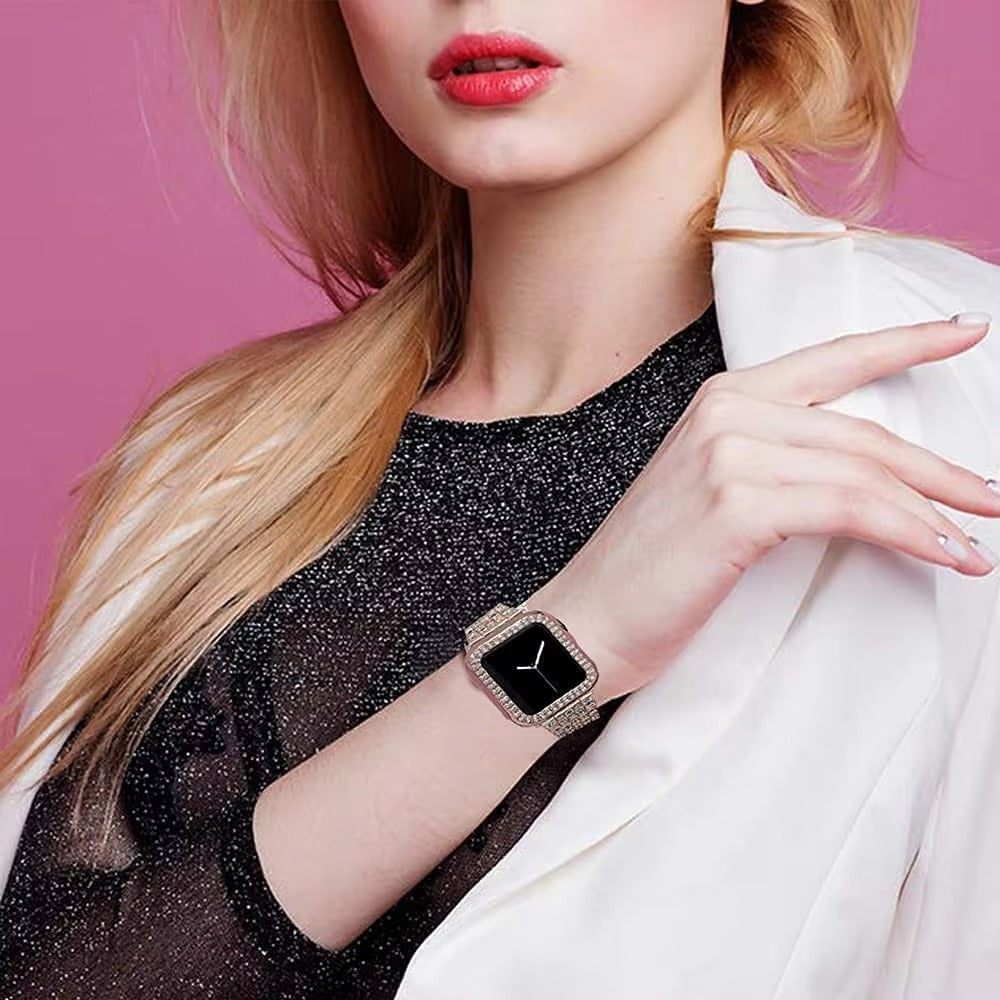 Luxury Glitter Metal Watch Band with Diamond Case – Sparkling Adjustable Strap and Protective Cover for 40mm to 49mm