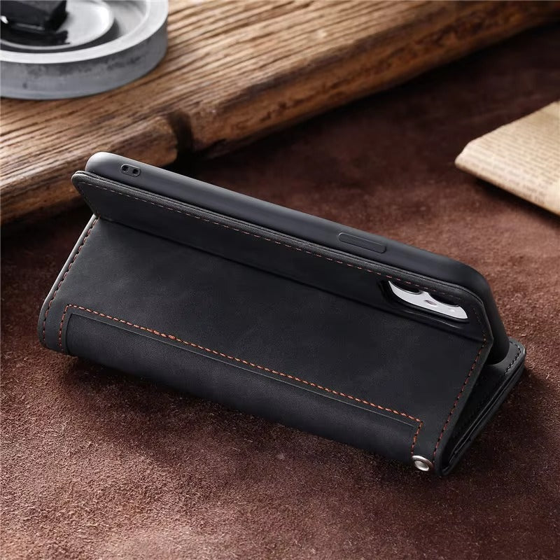Luxury Leather Apple iPhone Case,Ultra Thin Magnetic Shockproof Full Protection Cover with Flip Wallet Design