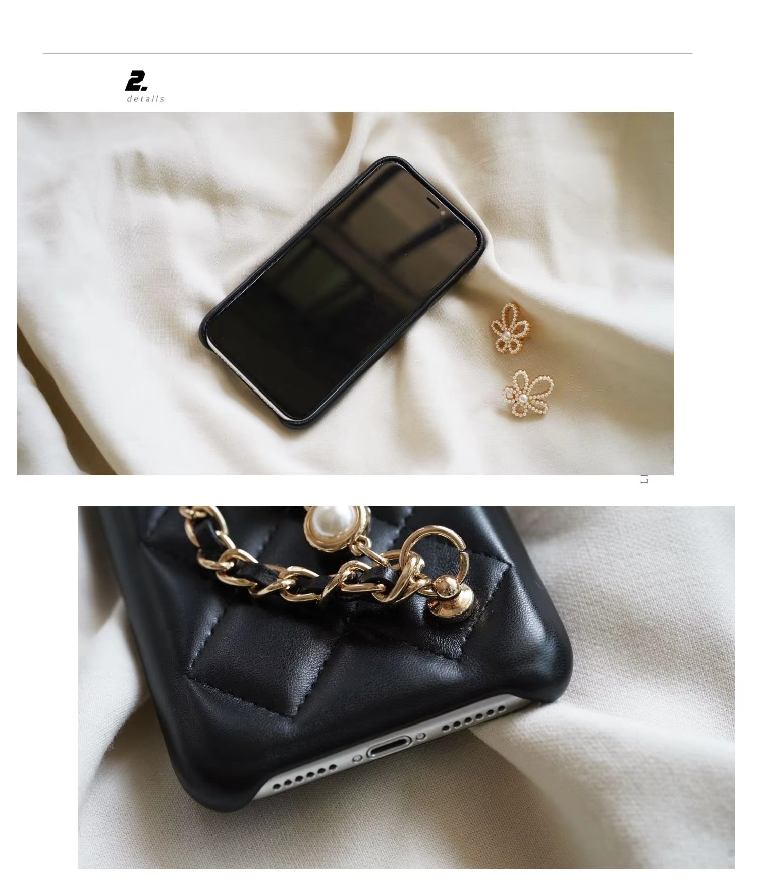 High Quality Apple iPhone Case, MagSafe Compatible, Camera Lens & Screen Protection, Ultra Thin, Shockproof, Magnetic Full All Around Cover – Lambskin Leather Handbag Case with Flower Pearl Strap & Long Metal Chain