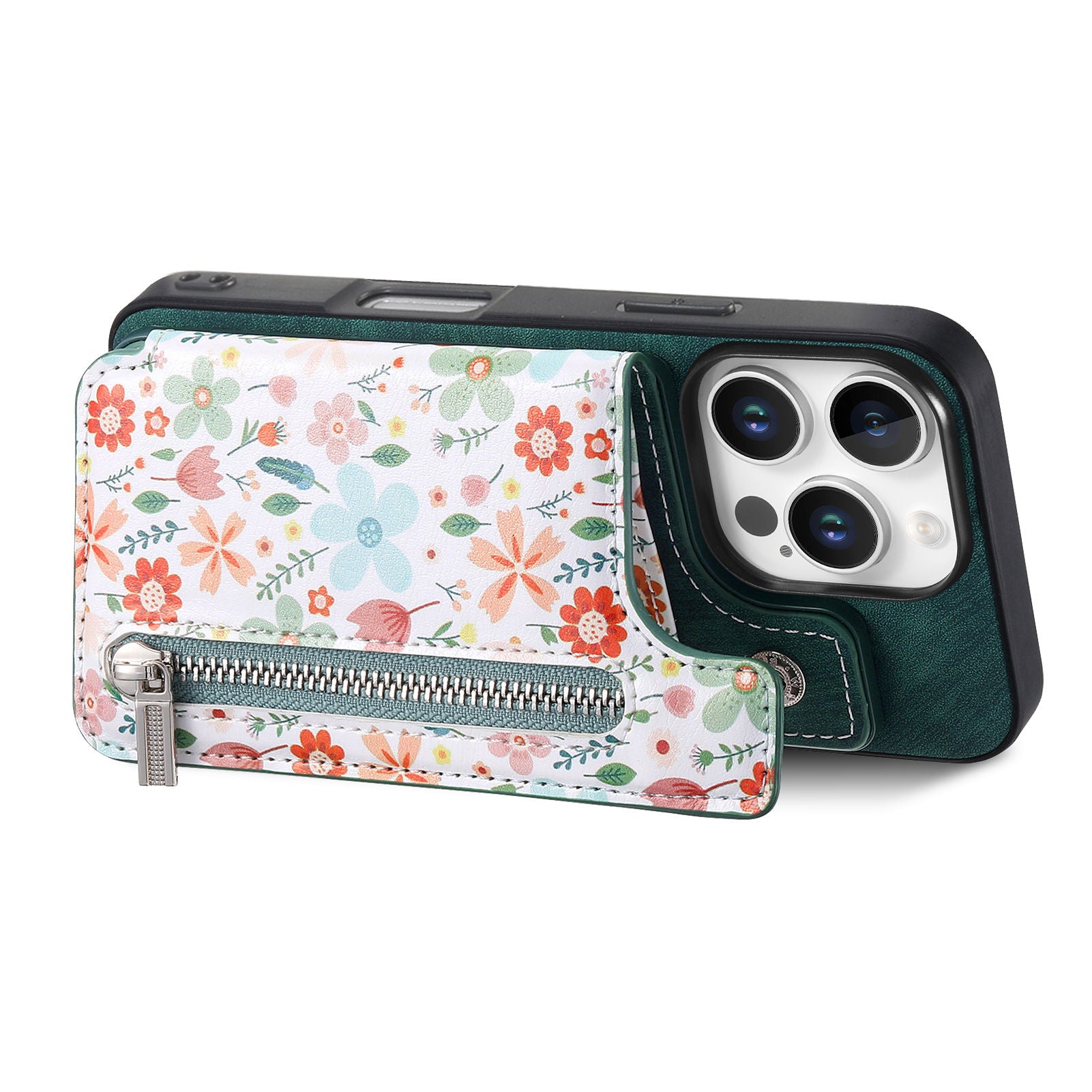 Zipper Card Slot Wallet iPhone Case – Magnetic Closure, Purse Pocket, Floral Design, Shockproof Protective Cover for iPhone