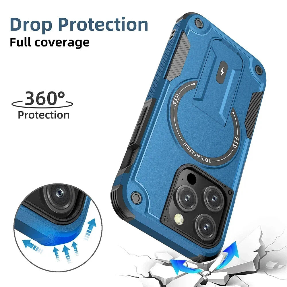 Deluxe Armor Stealth Bracket iPhone Case – Magnetic Super Fall Proof, Hard Shell with Lanyard, Protection for iPhone Models