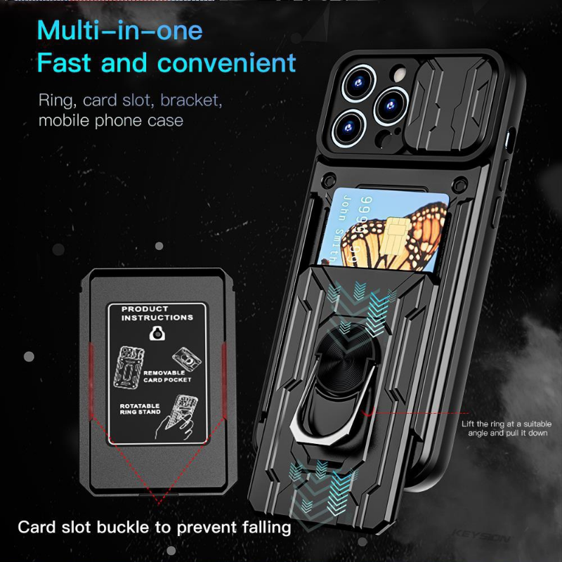 Hidden Slide Card Slot iPhone Case – Lens Protection, Magnetic Ring Stand, Shockproof Cover for iPhone Models