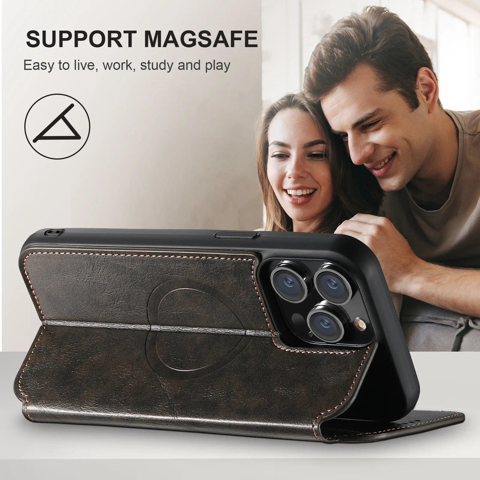 Luxury Leather Magnetic Flip iPhone Case – MagSafe Wallet Card Holder, Wireless Charging Compatible, Shockproof Protection, Elegant Design for iPhone Models