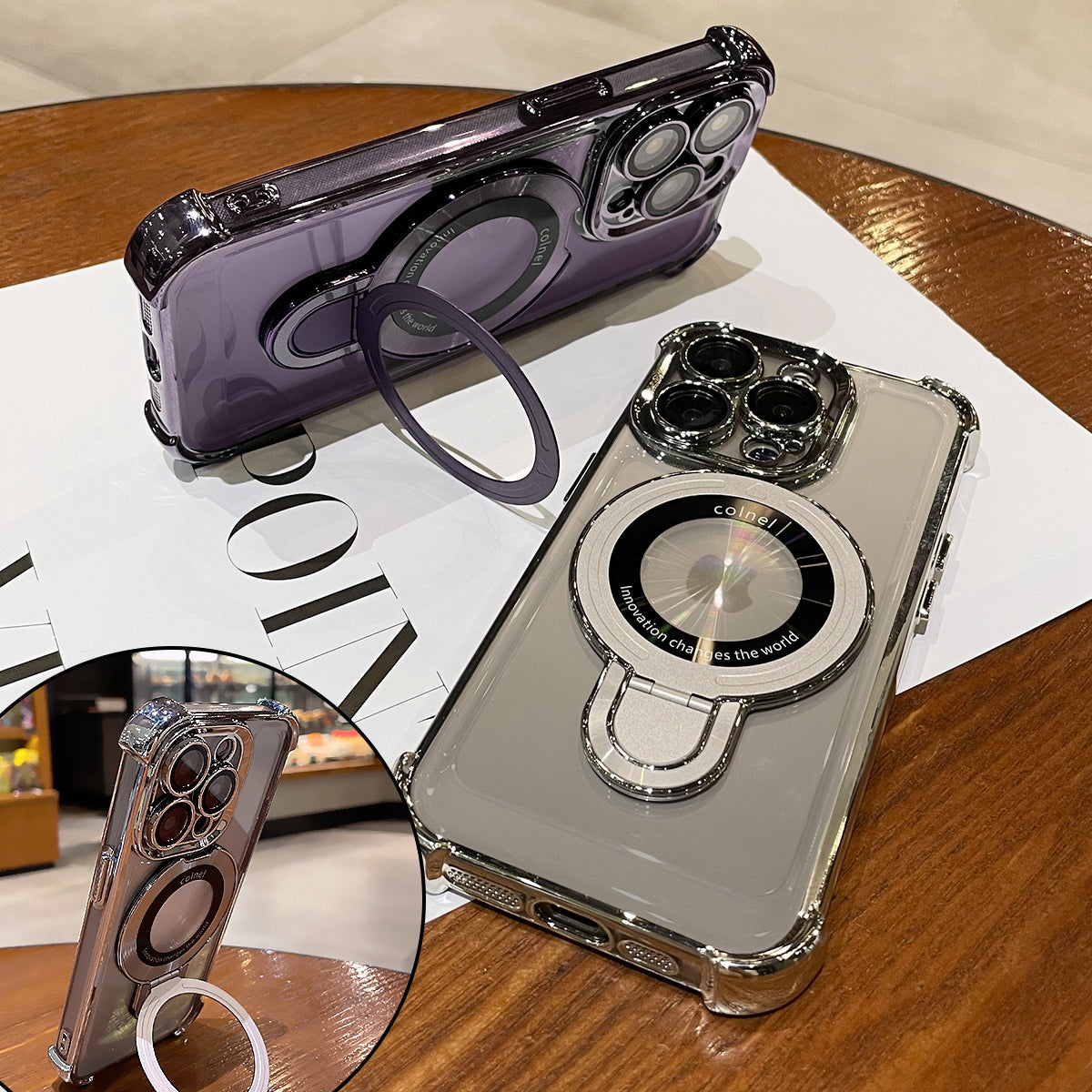 Frameless MagSafe Case with Logo Hole – Transparent Plating Slim Bracket for iPhone Models, Sleek and Durable Design