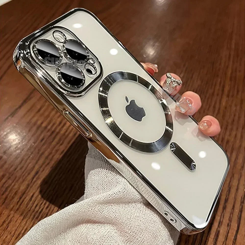Frameless MagSafe Case with Logo Hole – Transparent Plating Slim Bracket for iPhone Models, Sleek and Durable Design