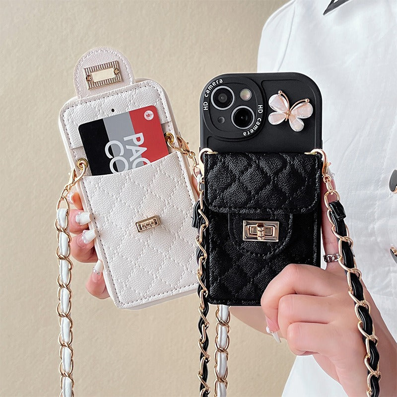 Premium Apple iPhone Case, MagSafe Compatible, Camera Lens & Screen Protection, Ultra Thin, Shockproof, Magnetic Full All Around Cover – Crystal Bow Crossbody Purse Case with Metal Button & Card Holder