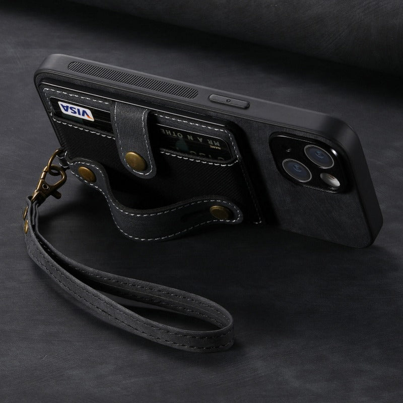 Luxury PU Leather Wallet iPhone Case with Wrist Strap – Stand Function, Card Holder, Protection for Secure and Convenience