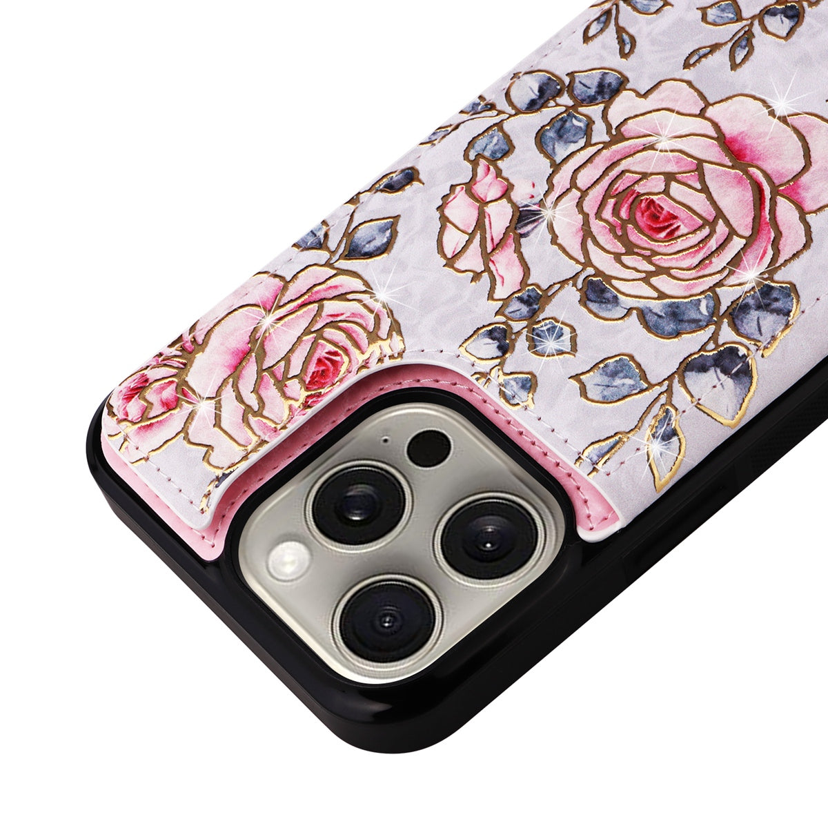 Hot Stamped Floral Wallet iPhone Case – Card Slots Magnetic Closure, Elegant Leather Design, Shockproof Protection for iPhone