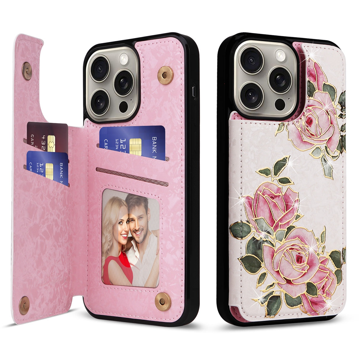 Hot Stamped Floral Wallet iPhone Case – Card Slots Magnetic Closure, Elegant Leather Design, Shockproof Protection for iPhone