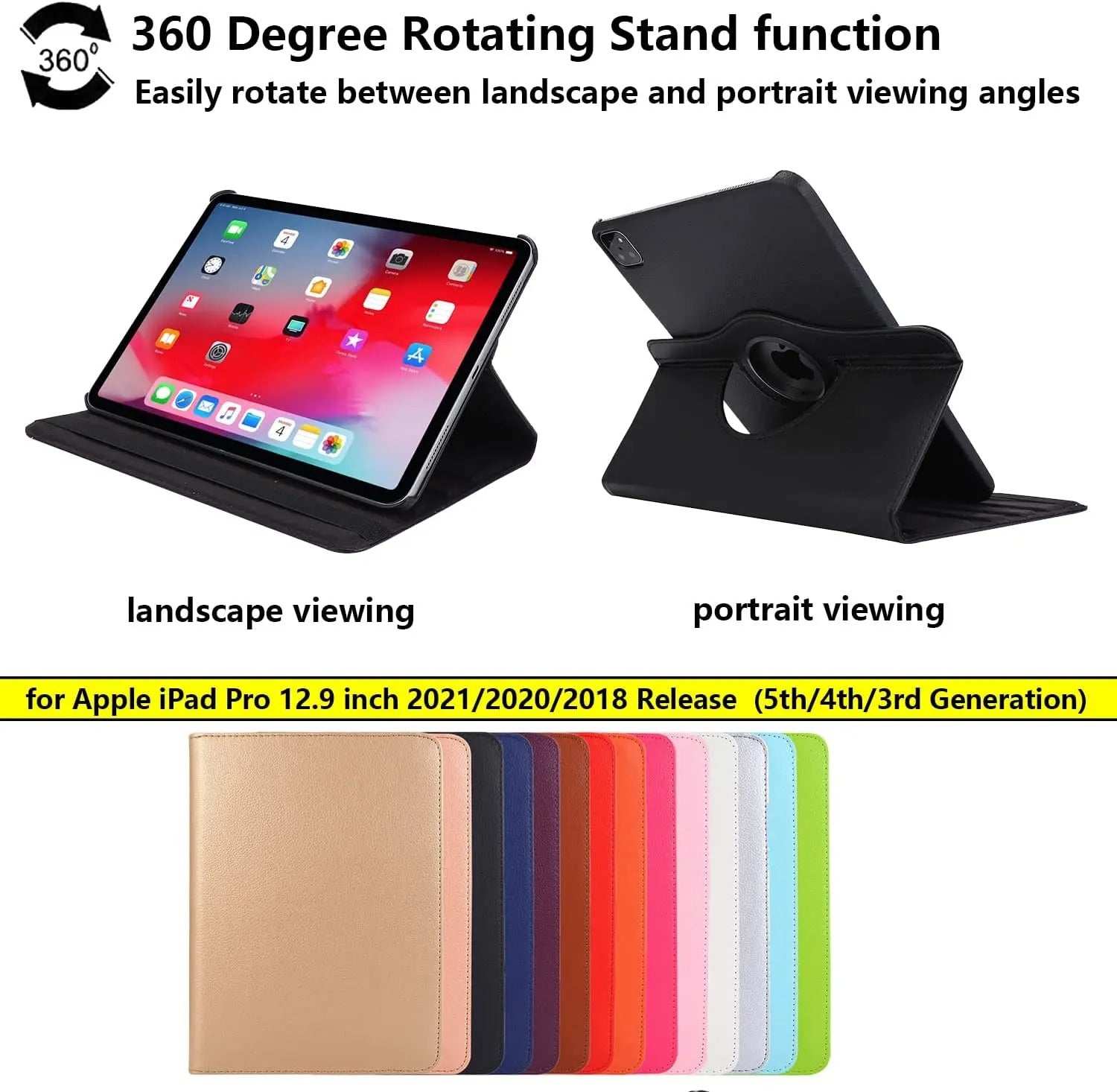 Premium 360° Rotating PU Leather iPad Case – Smart Cover with Auto Sleep/Wake, Shockproof Stand for 12.9" Pro & Air Tablets, Durable & Washable