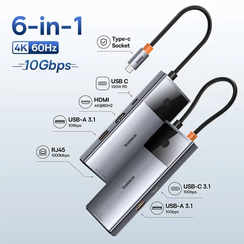 High Quality USB-C Hub Adapter – Type-C to HDMI, USB 3.1, 10Gbps, RJ45 Ethernet, Laptop, Tablet, USB-C Devices