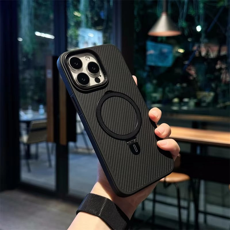 Premium Apple iPhone Case, MagSafe Compatible, Camera Lens & Screen Protection, Ultra Thin, Shockproof, Magnetic Full All Around Cover – Kevlar Carbon Fiber Texture Case with Magnetic Holder & Shockproof Back Design