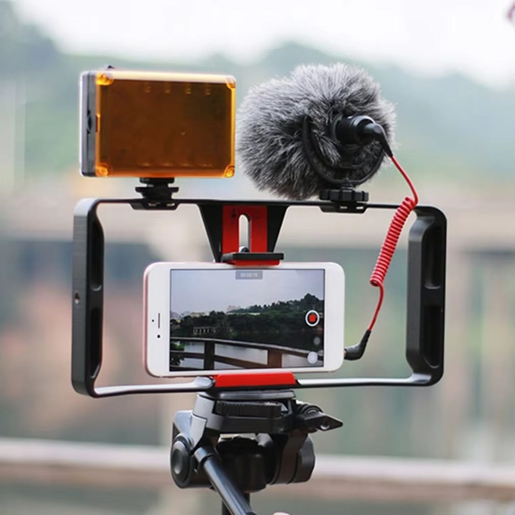 Robust Smartphone Video Rig Stabilizer with Dual Handgrips – Universal Handheld Phone Cage for YouTube, Live Streaming, Vlogging, LED & Mic Mount