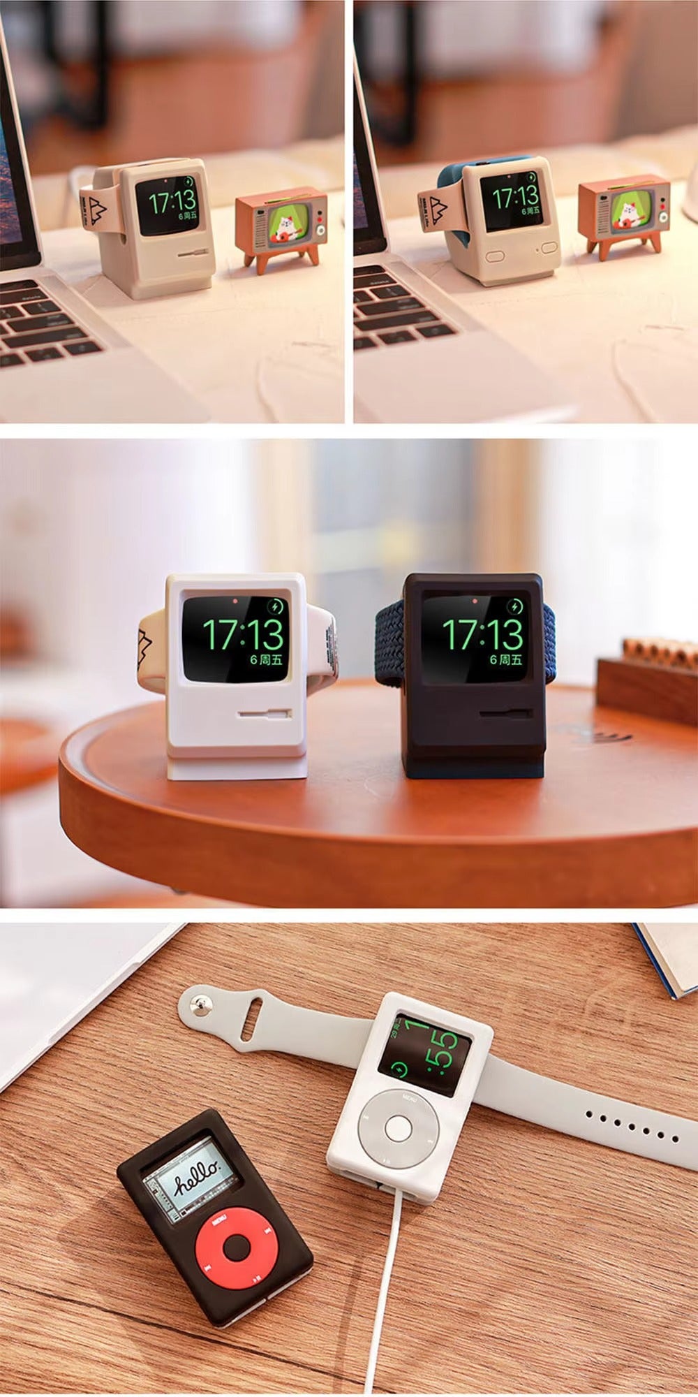 Premium Retro Charging Stand for Smartwatch – Desktop Silicone Dock Holder with Cable Slot, Nightstand Mode Compatible