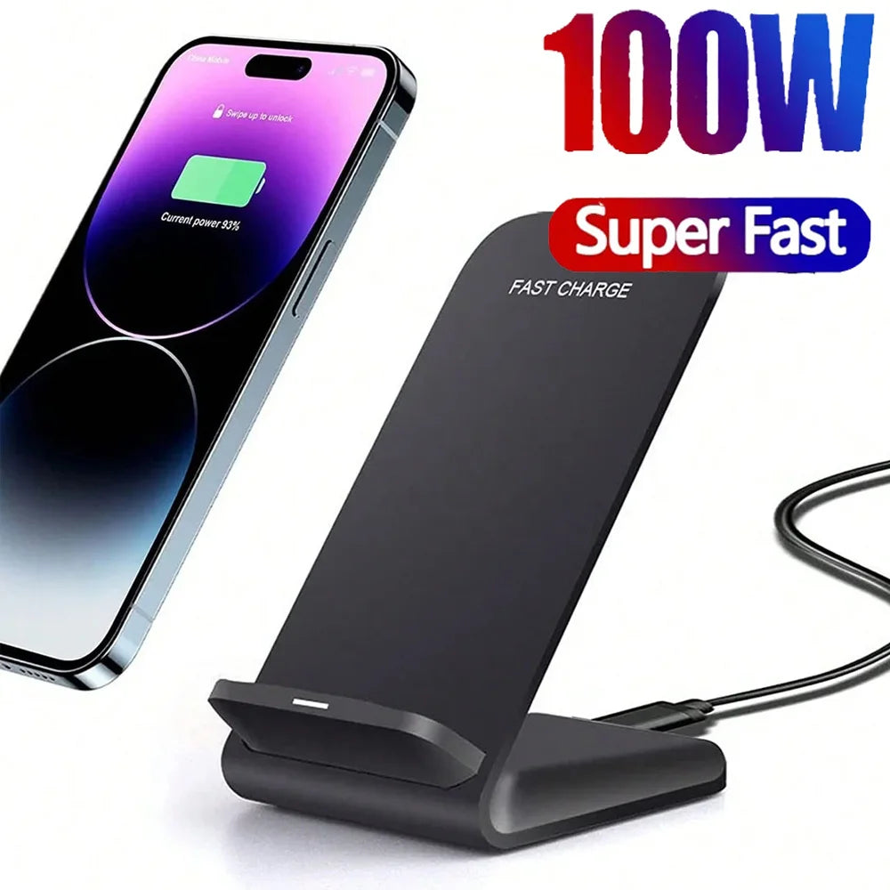 Premium 100W Wireless Charger Stand Fast Charging Station Pad for Apple iPhone, iOS, Android Smartphones – Type-C, Qi Dock, Dual Coil, Safety Features