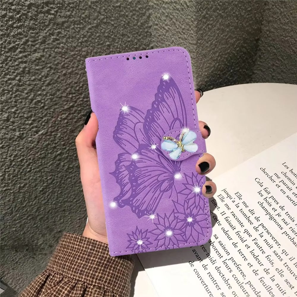 Luxury Apple iPhone Case, MagSafe Compatible, Camera Lens and Screen Protection, Ultra Thin, Shockproof, Magnetic, Full All Around Protection, Butterfly Glitter Wallet Cover